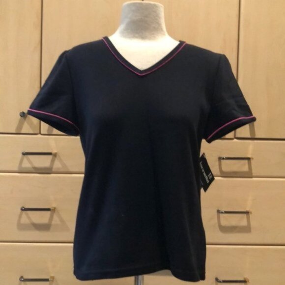 Black V-Neck Top with Pink Trim - Picture 2 of 9